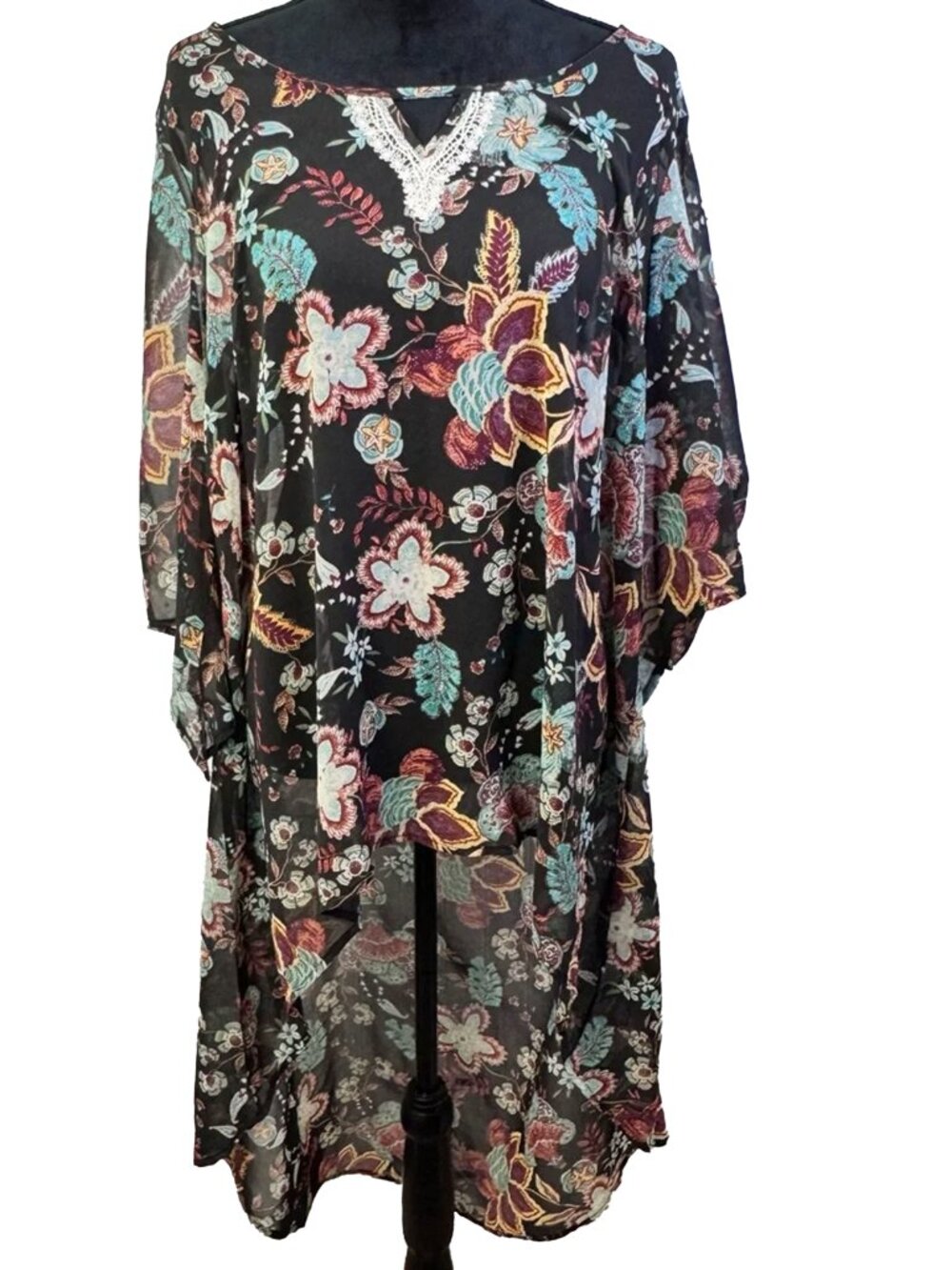 One World Live & Let Live 1X Boho Floral High Low Tunic Kimono Top Lace Trim